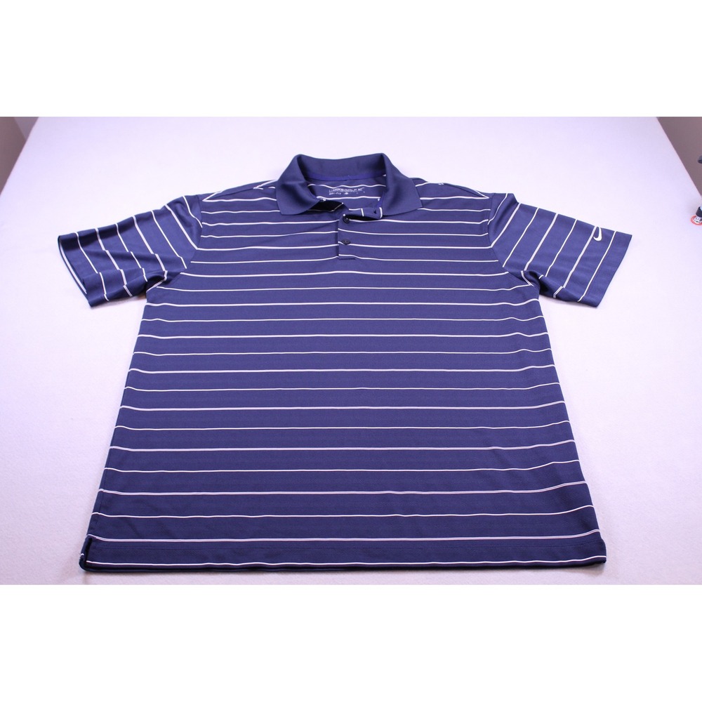 Nike Golf Dri-FIT Mens Large Navy Blue White Striped Short Sleeve Polo Shirt